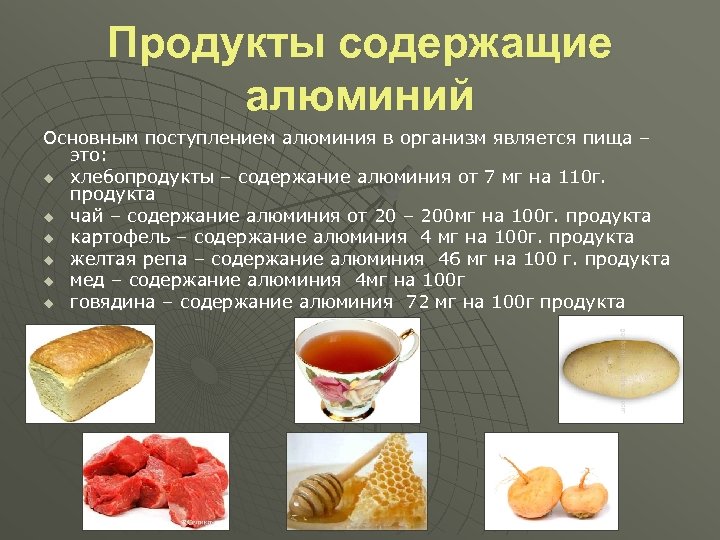 Продукты содержащие алюминий Основным поступлением алюминия в организм является пища – это: u хлебопродукты