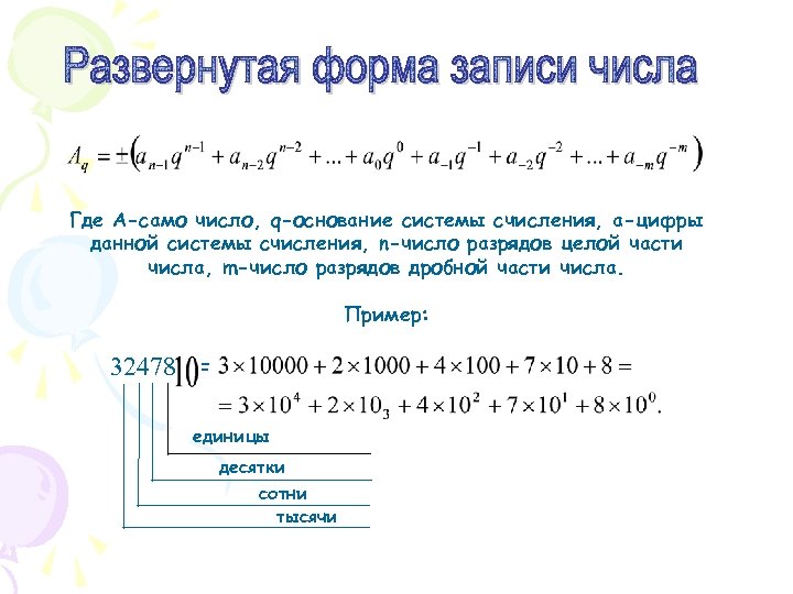 Где А-само число, q-основание системы счисления, а-цифры данной системы счисления, n-число разрядов целой части