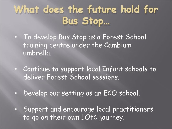 What does the future hold for Bus Stop… • To develop Bus Stop as