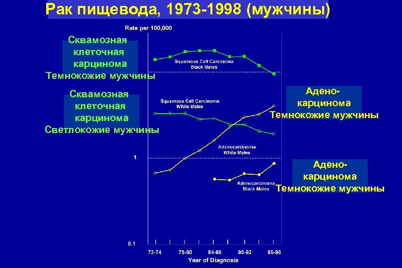 Рак пищевода, 1973 -1998 (мужчины) Сквамозная клеточная карцинома Темнокожие мужчины Сквамозная клеточная карцинома Светлокожие