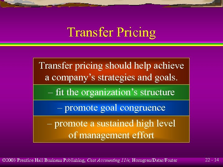 Transfer Pricing Transfer pricing should help achieve a company’s strategies and goals. – fit