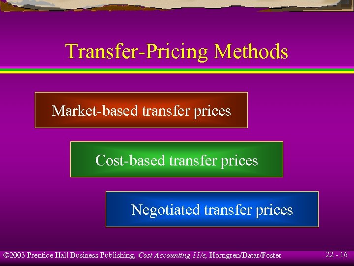 Transfer-Pricing Methods Market-based transfer prices Cost-based transfer prices Negotiated transfer prices © 2003 Prentice