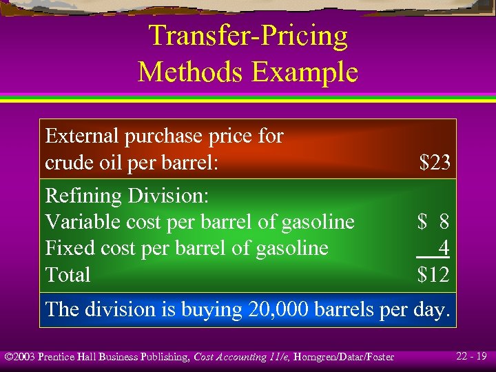 Transfer-Pricing Methods Example External purchase price for crude oil per barrel: Refining Division: Variable