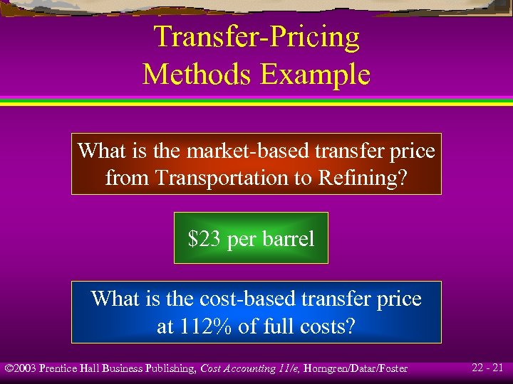 Transfer-Pricing Methods Example What is the market-based transfer price from Transportation to Refining? $23