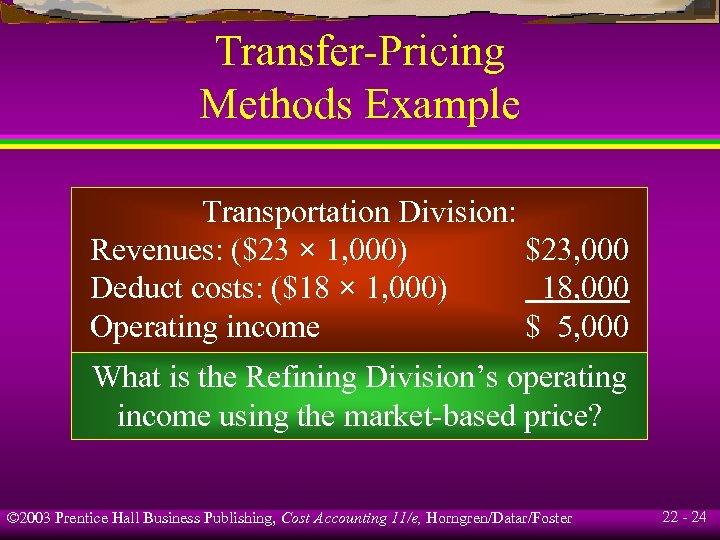 Transfer-Pricing Methods Example Transportation Division: Revenues: ($23 × 1, 000) $23, 000 Deduct costs: