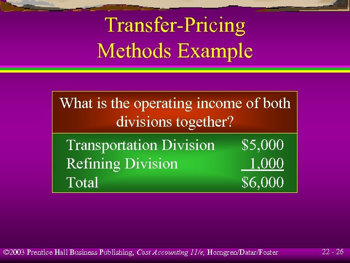 Transfer-Pricing Methods Example What is the operating income of both divisions together? Transportation Division