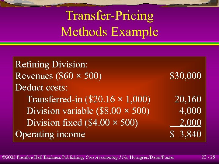 Transfer-Pricing Methods Example Refining Division: Revenues ($60 × 500) Deduct costs: Transferred-in ($20. 16