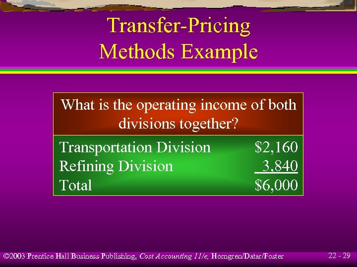 Transfer-Pricing Methods Example What is the operating income of both divisions together? Transportation Division