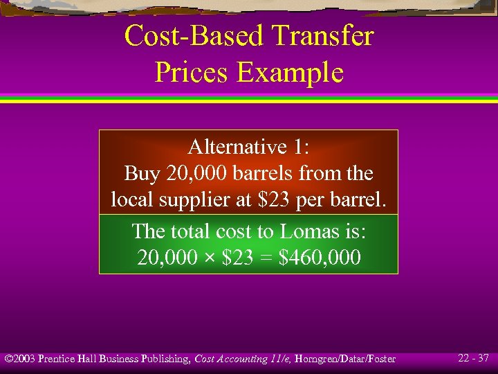 Cost-Based Transfer Prices Example Alternative 1: Buy 20, 000 barrels from the local supplier