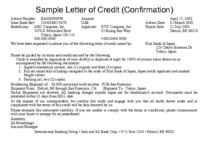 Sample Letter of Credit (Confirmation) Advice Number: BA 000000094 Amount: Issue Bank Ref: 1234/LMC/5678