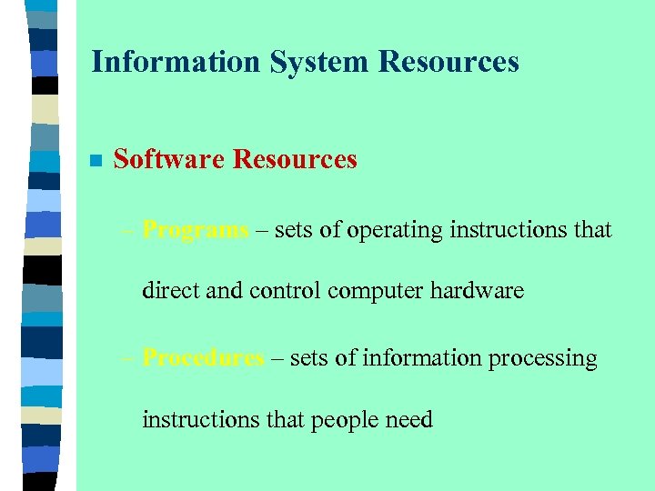 Information System Resources n Software Resources – Programs – sets of operating instructions that
