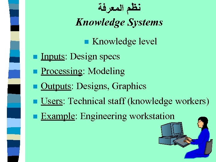  ﻧﻈﻢ ﺍﻟﻤﻌﺮﻓﺔ Knowledge Systems n Knowledge level n Inputs: Design specs n Processing: