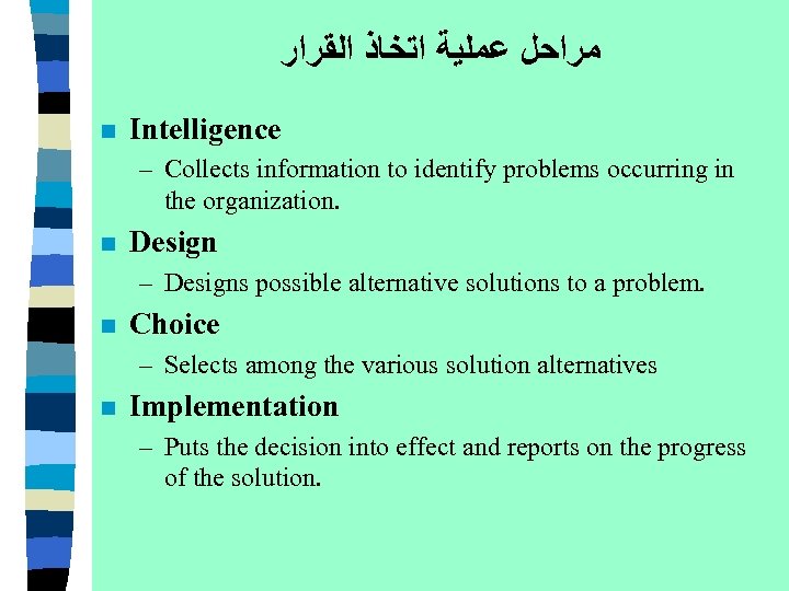  ﻣﺮﺍﺣﻞ ﻋﻤﻠﻴﺔ ﺍﺗﺨﺎﺫ ﺍﻟﻘﺮﺍﺭ n Intelligence – Collects information to identify problems occurring