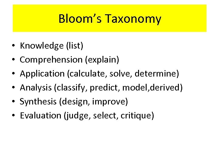 Bloom’s Taxonomy • • • Knowledge (list) Comprehension (explain) Application (calculate, solve, determine) Analysis