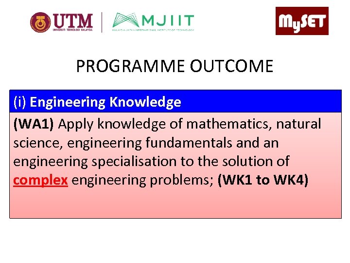 PROGRAMME OUTCOME (i) Engineering Knowledge (WA 1) Apply knowledge of mathematics, natural science, engineering