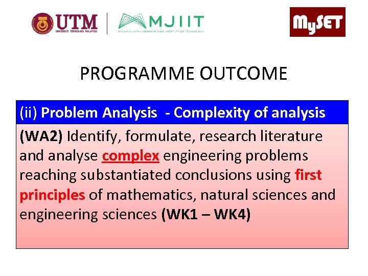 PROGRAMME OUTCOME (ii) Problem Analysis - Complexity of analysis (WA 2) Identify, formulate, research