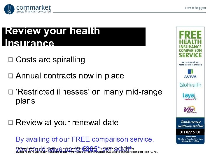 Review your health insurance q Costs are spiralling q Annual contracts now in place