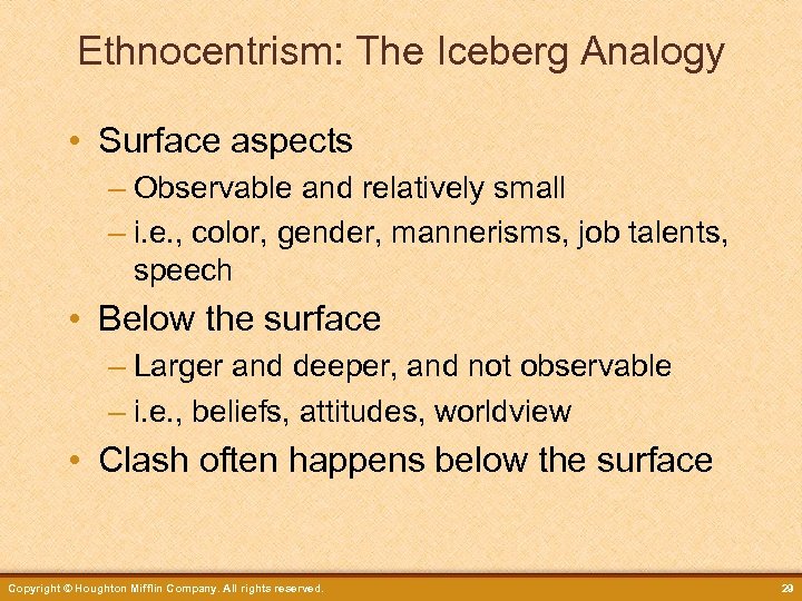 Ethnocentrism: The Iceberg Analogy • Surface aspects – Observable and relatively small – i.
