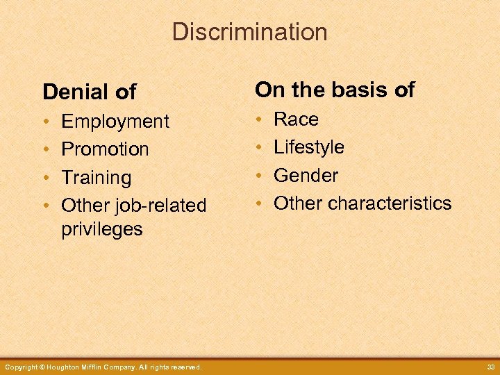 Discrimination Denial of On the basis of • • Employment Promotion Training Other job-related