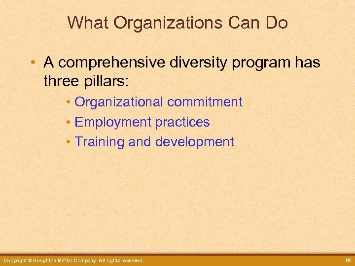 What Organizations Can Do • A comprehensive diversity program has three pillars: • Organizational