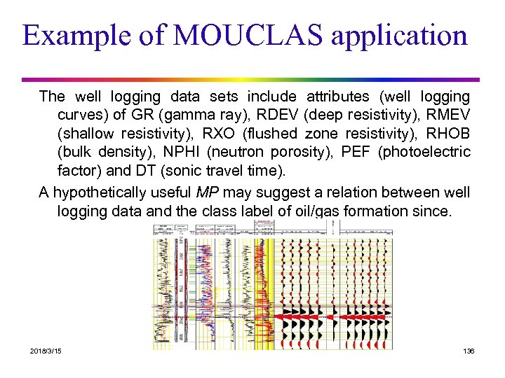 Example of MOUCLAS application The well logging data sets include attributes (well logging curves)