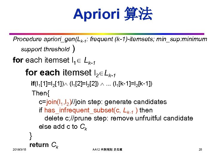 Apriori 算法 Procedure apriori_gen(Lk-1: frequent (k-1)-itemsets; min_sup: minimum support threshold ) for each itemset