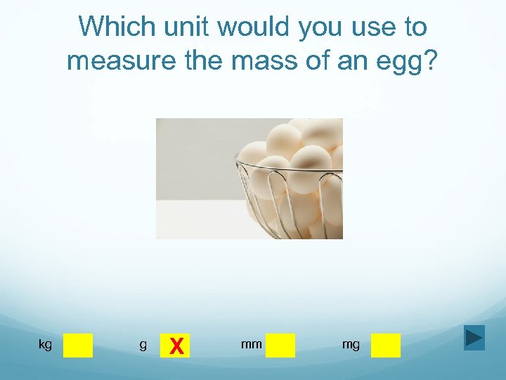 Which unit would you use to measure the mass of an egg? kg g