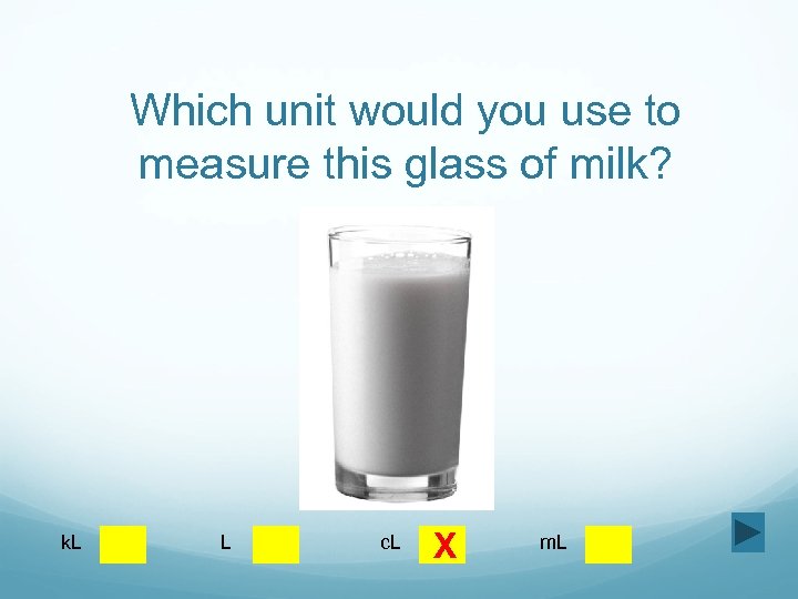 Which unit would you use to measure this glass of milk? k. L L