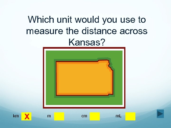 Which unit would you use to measure the distance across Kansas? km X m