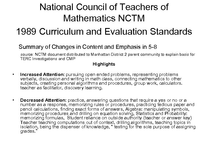 National Council of Teachers of Mathematics NCTM 1989 Curriculum and Evaluation Standards Summary of