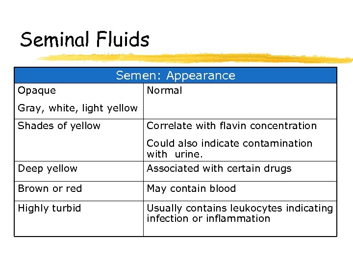 Seminal Fluids Semen: Appearance Opaque Normal Gray, white, light yellow Shades of yellow Correlate