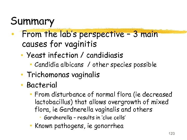 Summary • From the lab’s perspective – 3 main causes for vaginitis • Yeast