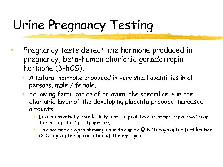 Urine Pregnancy Testing • Pregnancy tests detect the hormone produced in pregnancy, beta-human chorionic