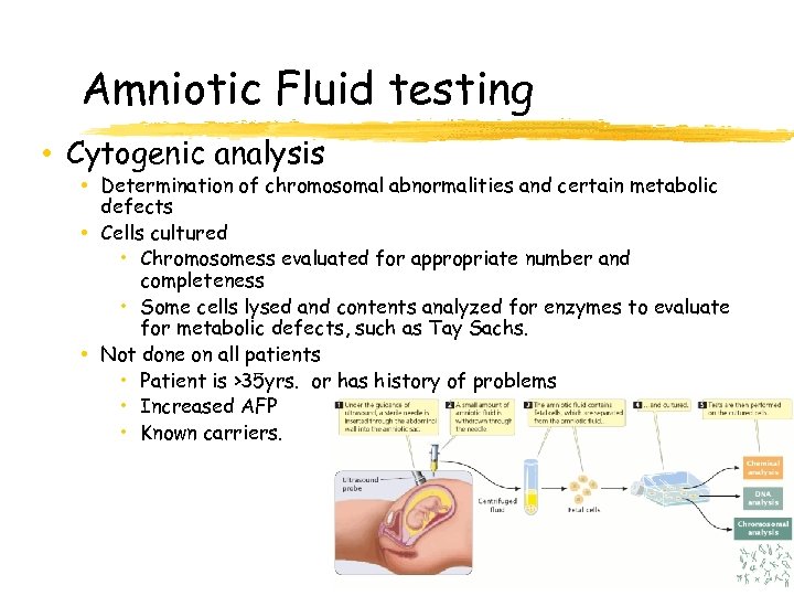 Amniotic Fluid testing • Cytogenic analysis • Determination of chromosomal abnormalities and certain metabolic