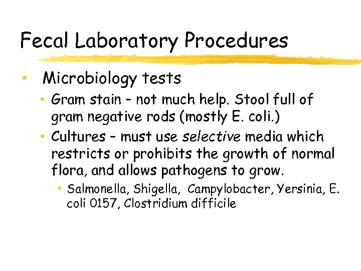 Fecal Laboratory Procedures • Microbiology tests • Gram stain – not much help. Stool