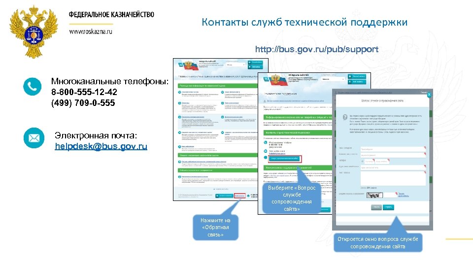 Контакты служб технической поддержки http: //bus. gov. ru/pub/support Многоканальные телефоны: 8 -800 -555 -12
