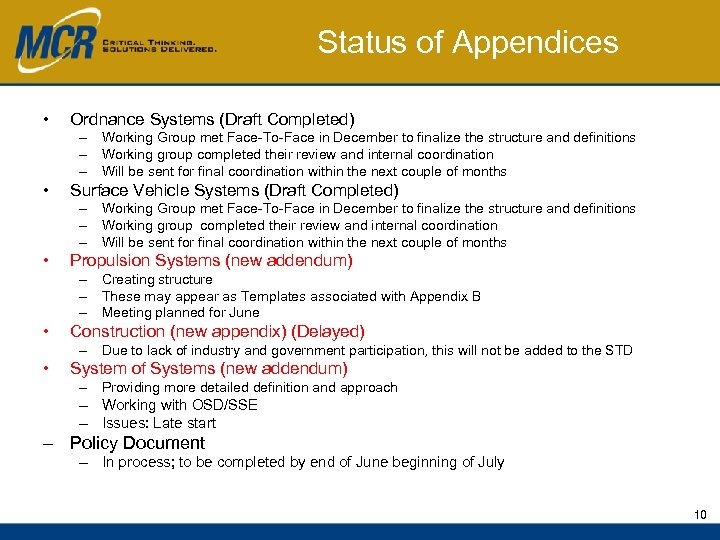 Status of Appendices • Ordnance Systems (Draft Completed) – Working Group met Face-To-Face in