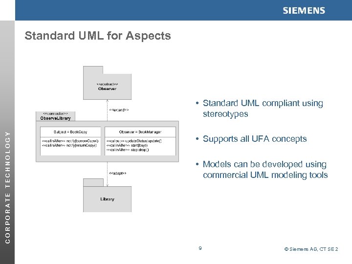 Standard UML for Aspects CORPORATE TECHNOLOGY • Standard UML compliant using stereotypes • Supports