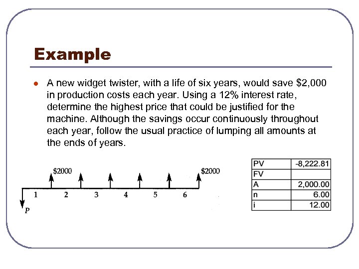 Example l A new widget twister, with a life of six years, would save