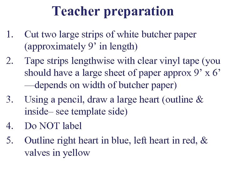 Teacher preparation 1. 2. 3. 4. 5. Cut two large strips of white butcher