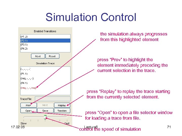 Simulation Control the simulation always progresses from this highlighted element press “Prev” to highlight