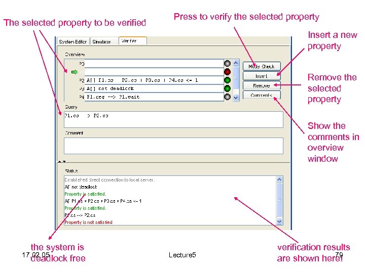 The selected property to be verified Press to verify the selected property Insert a