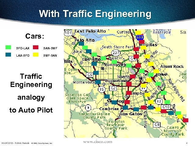 With Traffic Engineering Cars: SFO-LAX SAN-SMF LAX-SFO SMF-SAN Traffic Engineering analogy to Auto Pilot