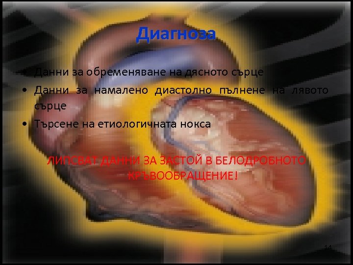 Диагноза • Данни за обременяване на дясното сърце • Данни за намалено диастолно пълнене