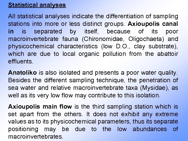Statistical analyses All statistical analyses indicate the differentiation of sampling stations into more or