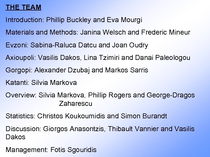 THE TEAM Introduction: Phillip Buckley and Eva Mourgi Materials and Methods: Janina Welsch and