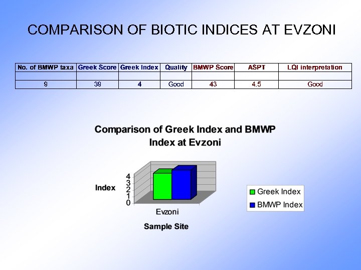 COMPARISON OF BIOTIC INDICES AT EVZONI 