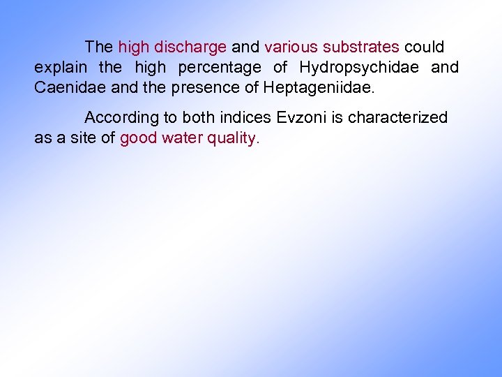 The high discharge and various substrates could explain the high percentage of Hydropsychidae and