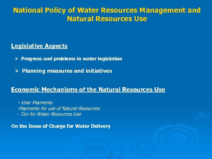 National Policy of Water Resources Management and Natural Resources Use Legislative Aspects Ø Progress
