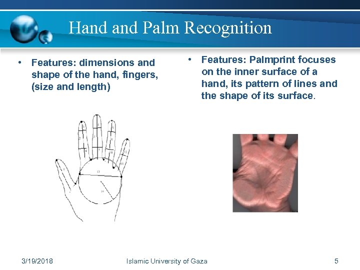 Hand Palm Recognition • Features: dimensions and shape of the hand, fingers, (size and